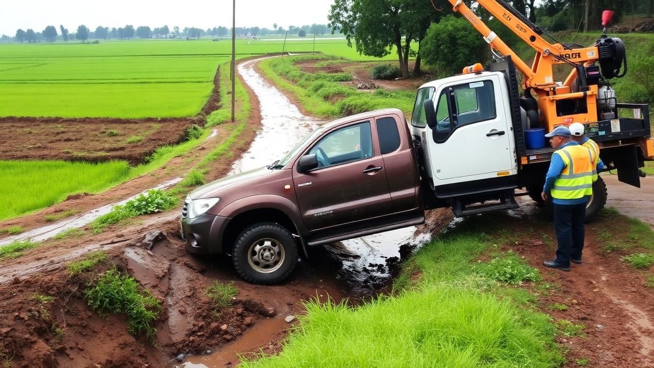 รถยกเครนกู้รถกระบะตกไหล่ทางในช่วงหน้าฝนที่ยโสธร