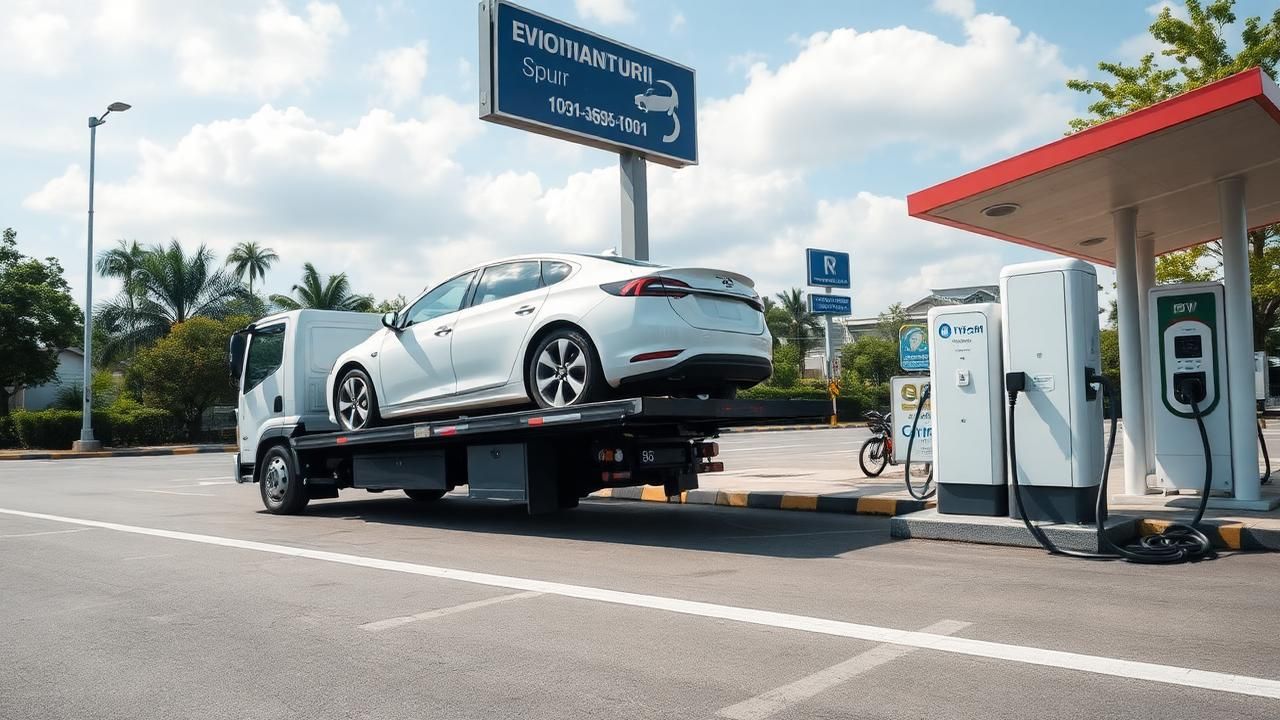 รถไฟฟ้า EV บนแท่นสไลด์คาร์ถูกนำส่งจุดชาร์จในเลย