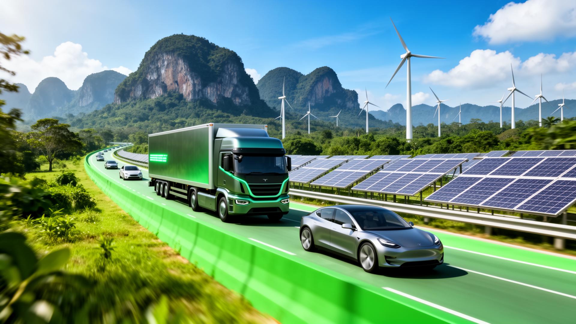 EV truck and electric cars on a green highway with solar panels and wind turbines